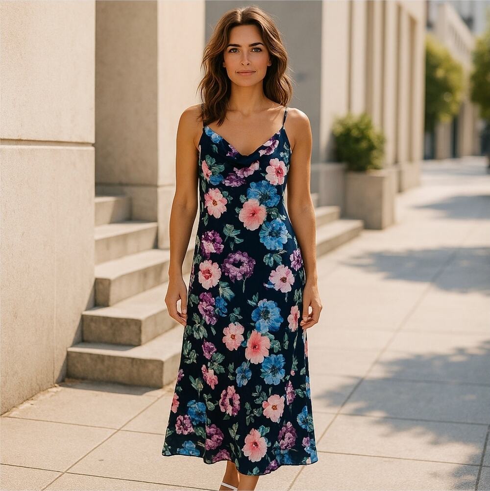 Eliza J Blue Teal Pink Purple Floral Spaghetti Strap Midi Dress Scoop Neck Sz 10